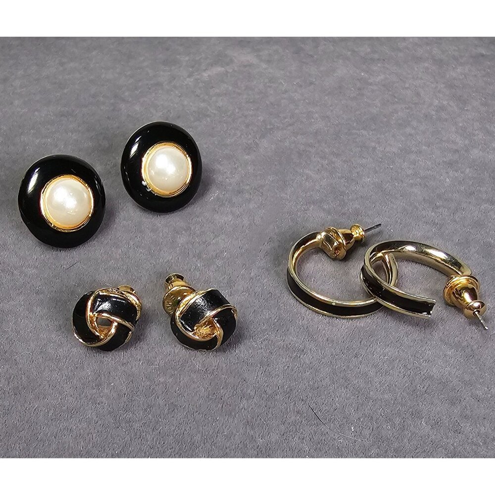 Vintage Monet Black Enamel Hoop, Faux Pearl Studs & Enamel Knott Pierced Earring